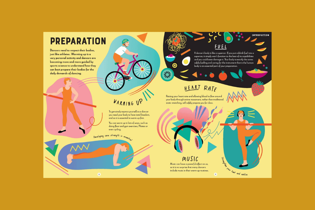 Colorful infographic on a yellow background with illustrations and text about preparation for an activity.