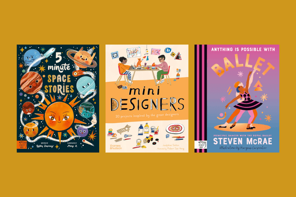 Three children's books (5 Minute Space Stories, Mini Designers, Anything is Possible with Ballet) on a yellow background