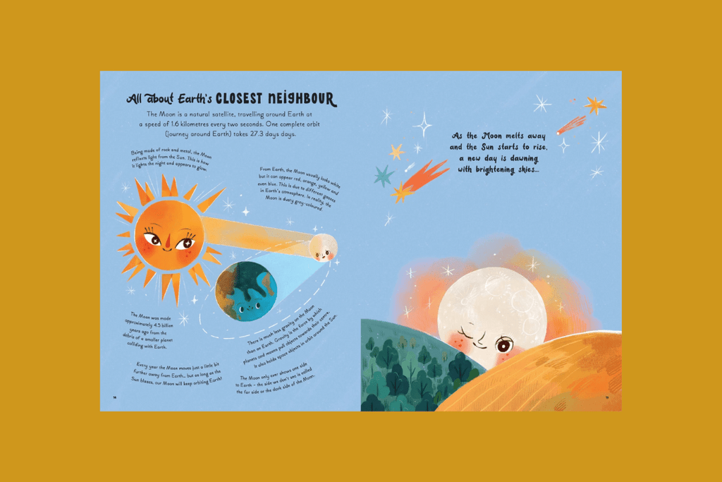 Illustrated page from a children's book about space with solar system elements on a yellow background.