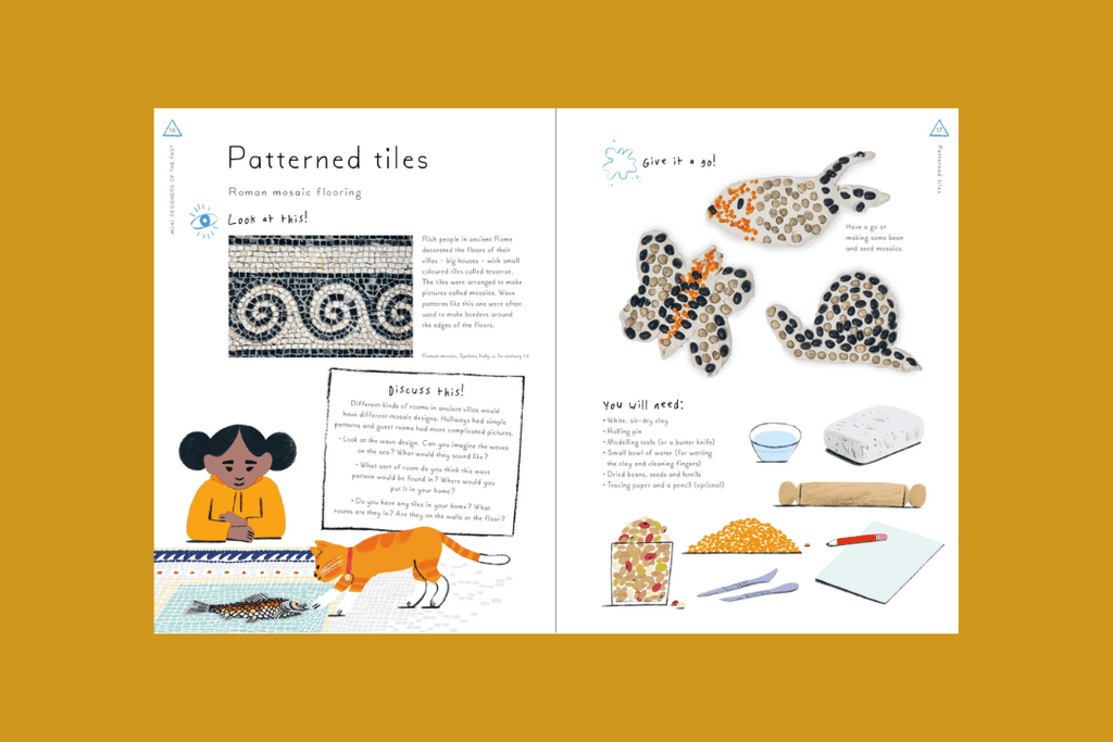 Educational book page with illustrations and text on a yellow background