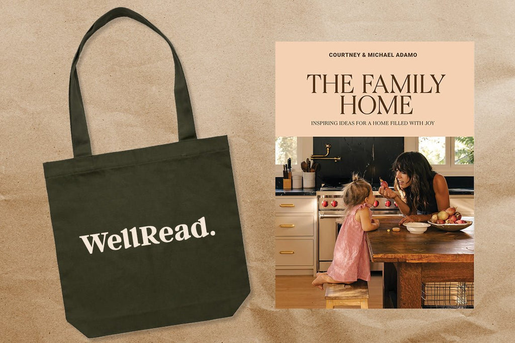 Army colour tote bag with 'WellRead' branding next to a book titled 'The Family Home' on a textured beige background.