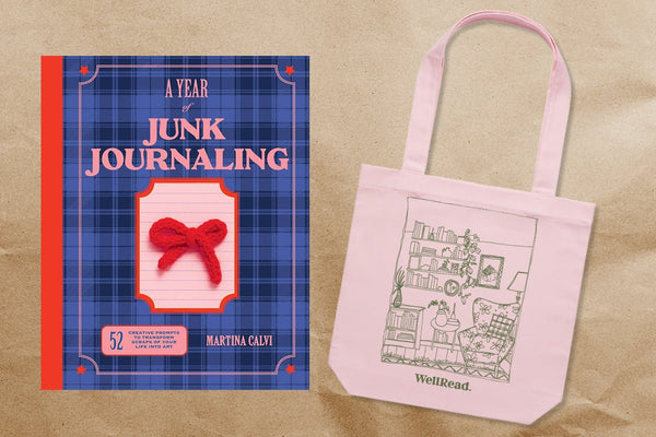 Book titled 'A Year of Junk Journaling' by Martina Calvi and a pink tote bag with a bookshelf design on a beige background.