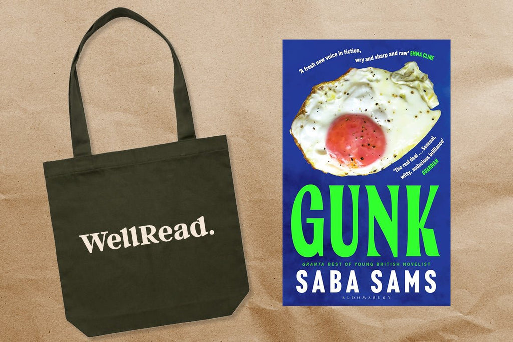 Army colour tote bag with 'WellRead' branding next to a book titled 'Gunk' by Saba Sams on a brown background