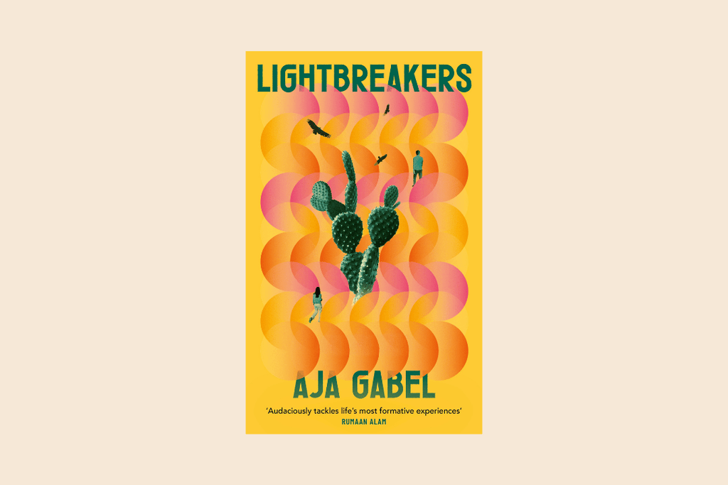 Book cover of 'Lightbreakers' by Aja Gabel with a cactus illustration on a yellow background