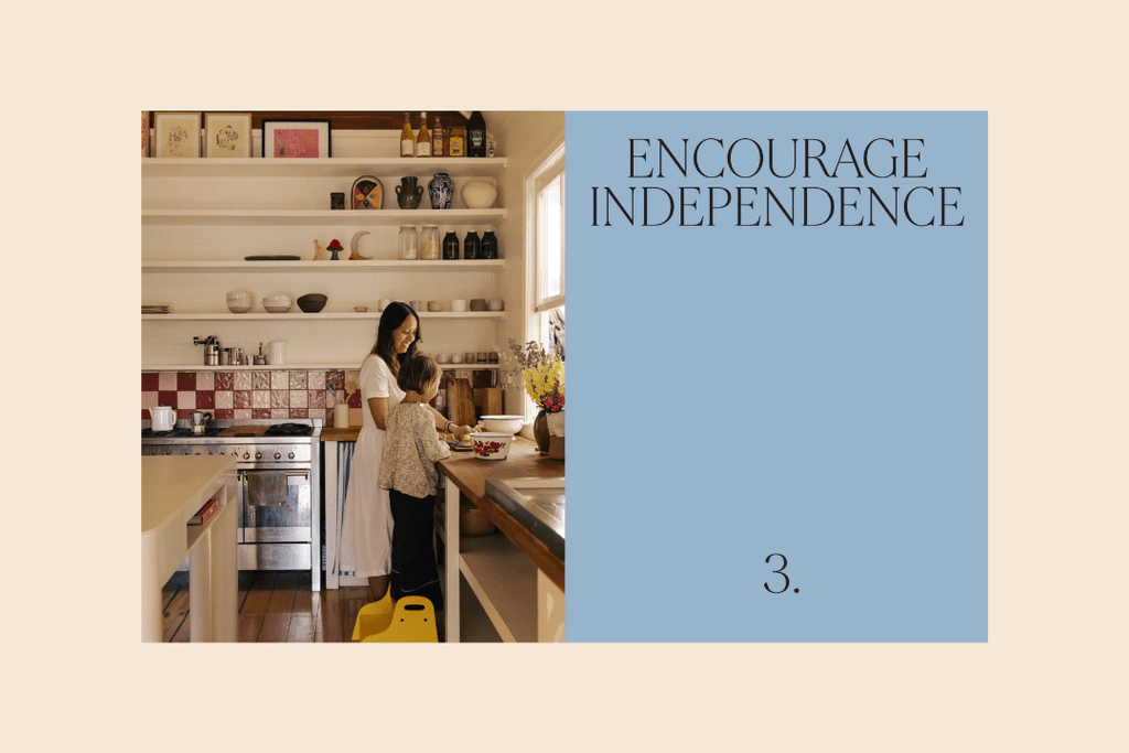 Woman and child in a kitchen with 'Encourage Independence' text overlay.