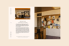 Interior design magazine spread with a photo of a room and text on a beige background